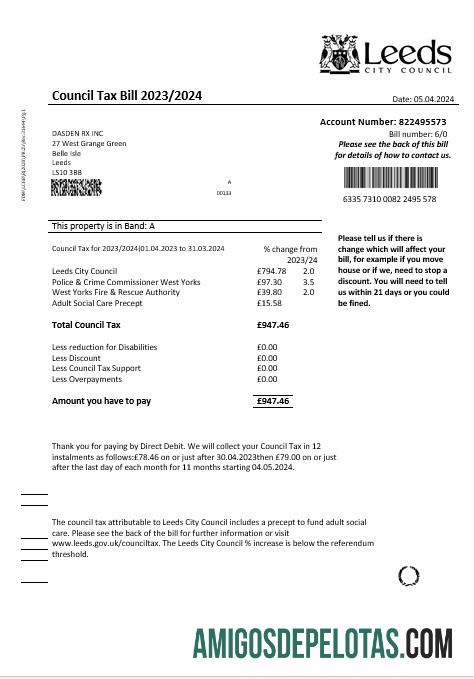 Para baixar modelo de conta de serviços públicos fiscais da Câmara Municipal de Leeds do Reino Unido em formatos Word e PDF